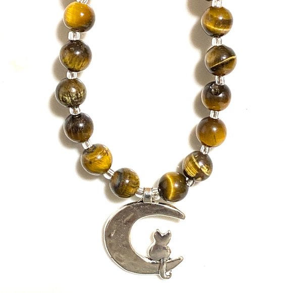 Tigers Eye Silver Cat on the Moon Necklace, Genuine Gemstone Beaded Necklace - Picture 5 of 10